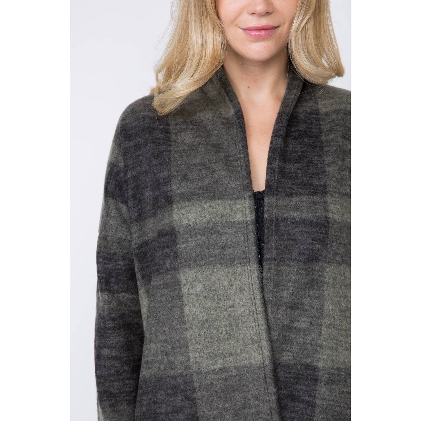 PLAID LONG SLEEVE CARDIGAN: BLACK-OLIVE