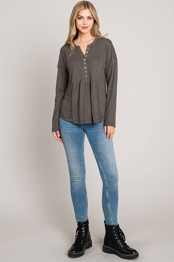C090-T5937 Long Sleeve Button Bib Henley Top