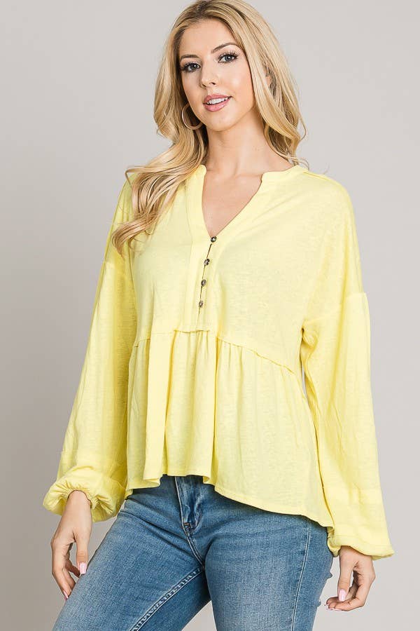 C090-T5938 - Button Baby Doll Knit Top - Yellow