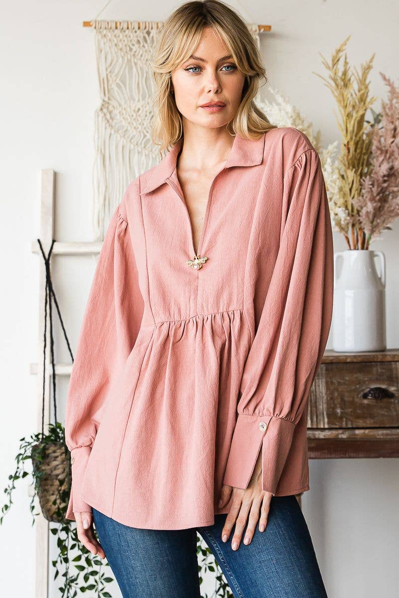 C090-T1186 - Long sleeve bib front collar poet blouse