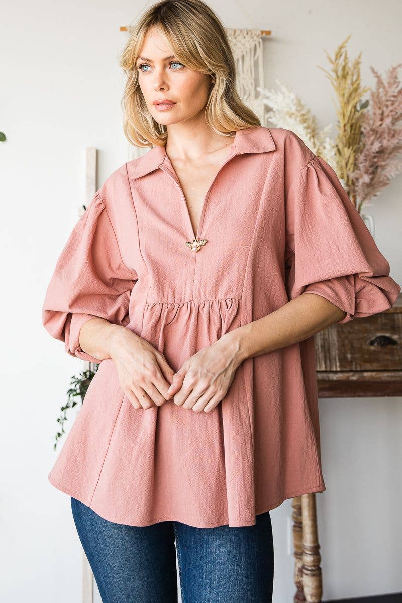 C090-T1186 - Long sleeve bib front collar poet blouse