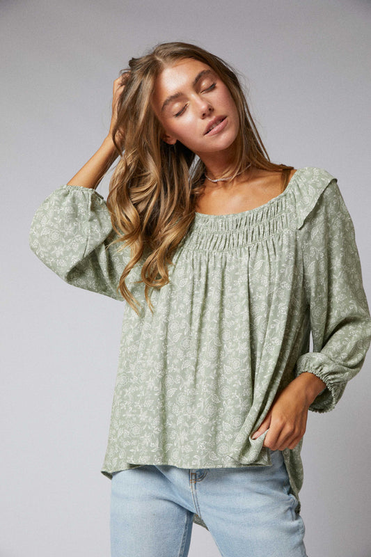 C090-T1159 - 3/4 Sleeves Ruffle Peasant Hi Low Top