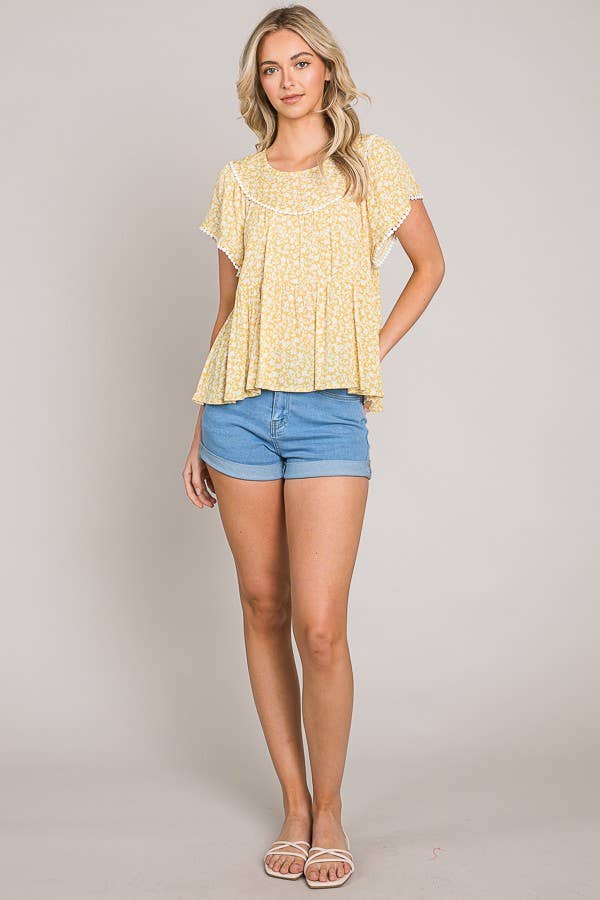 C090-T1067 - Ditsy Floral Lace Trim Baby Doll Top