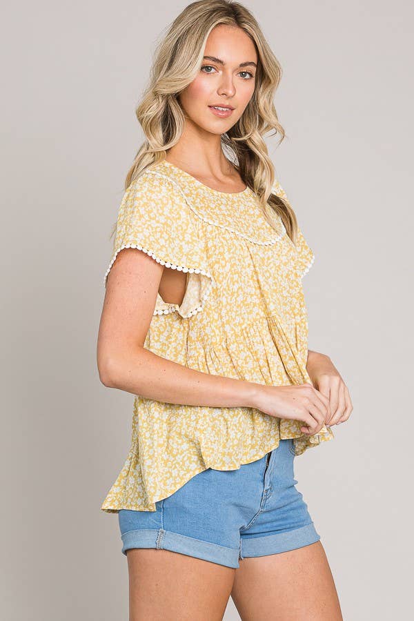 C090-T1067 - Ditsy Floral Lace Trim Baby Doll Top