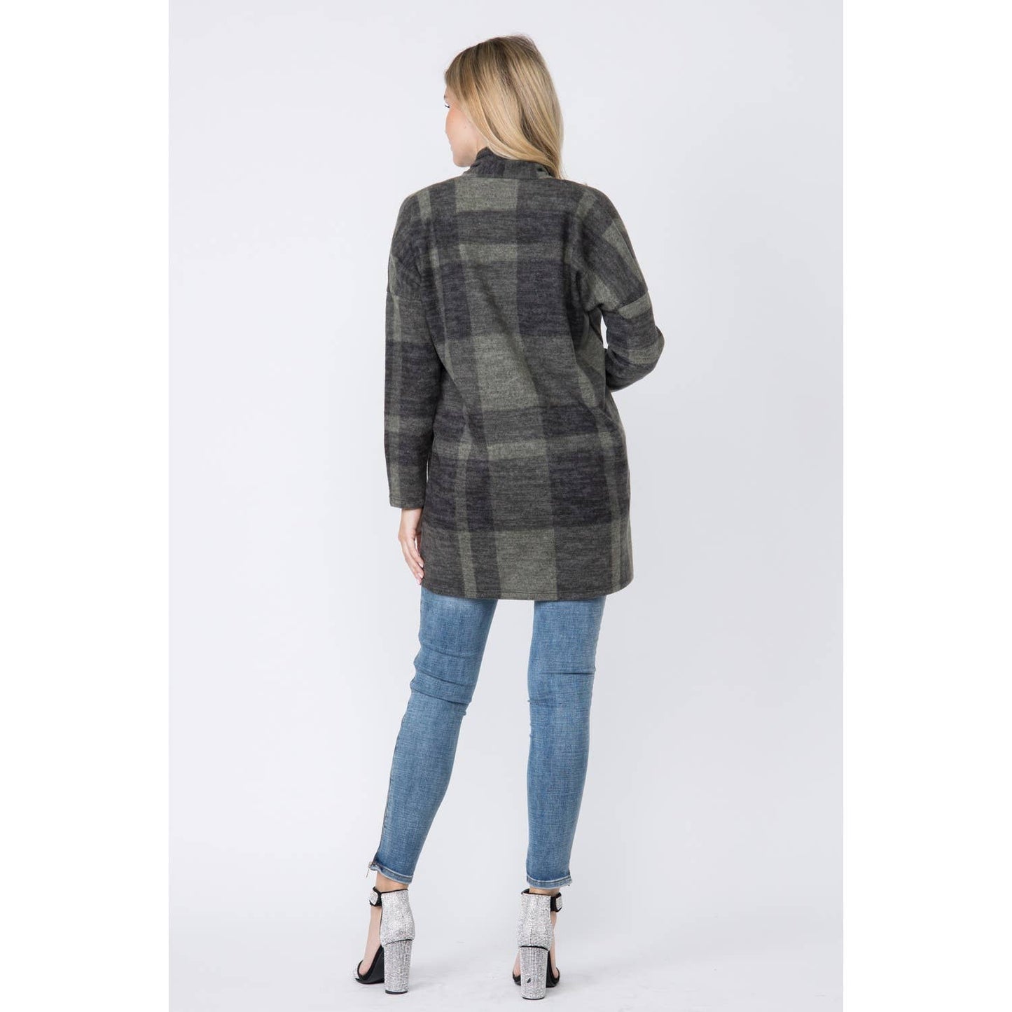 PLAID LONG SLEEVE CARDIGAN: BLACK-OLIVE