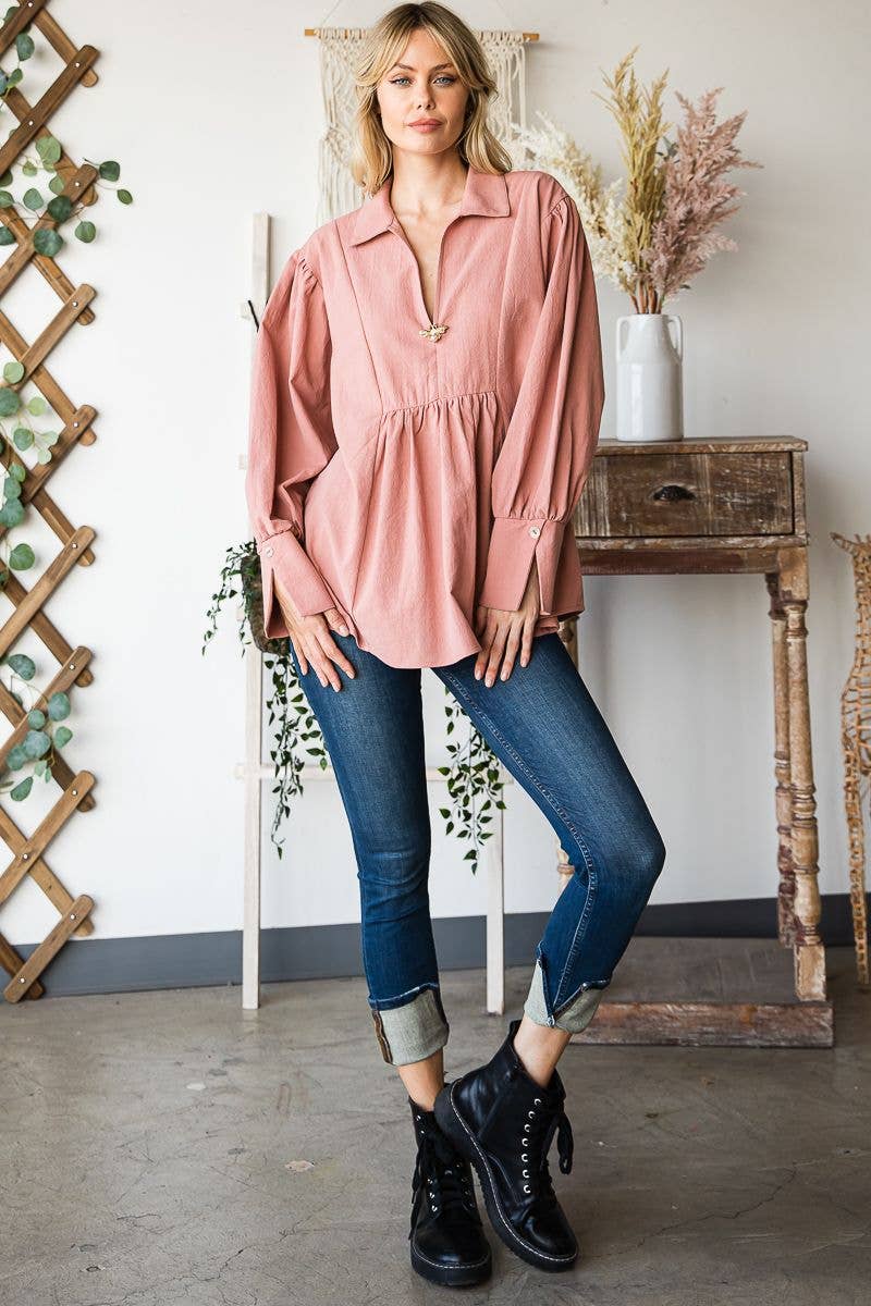 C090-T1186 - Long sleeve bib front collar poet blouse