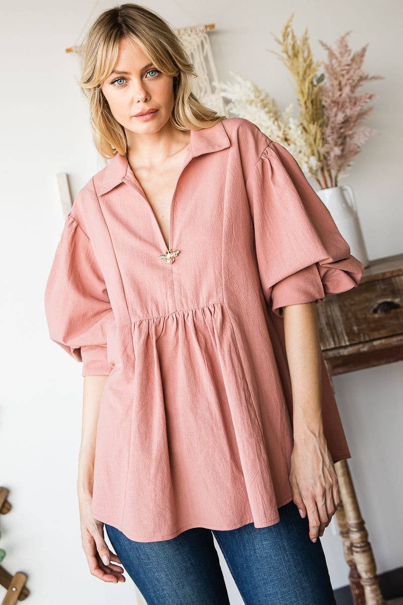 C090-T1186 - Long sleeve bib front collar poet blouse