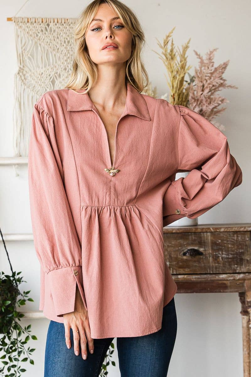 C090-T1186 - Long sleeve bib front collar poet blouse