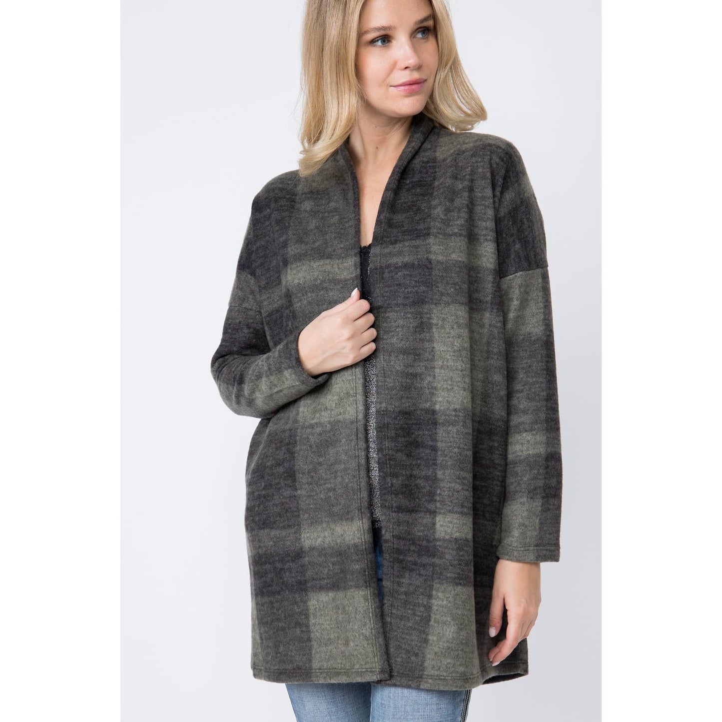PLAID LONG SLEEVE CARDIGAN: BLACK-OLIVE