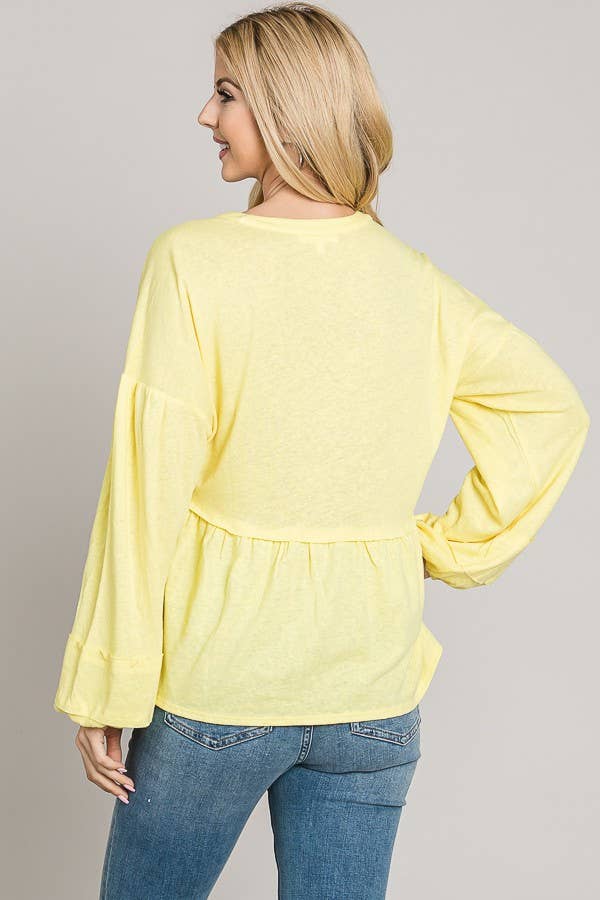 C090-T5938 - Button Baby Doll Knit Top - Yellow