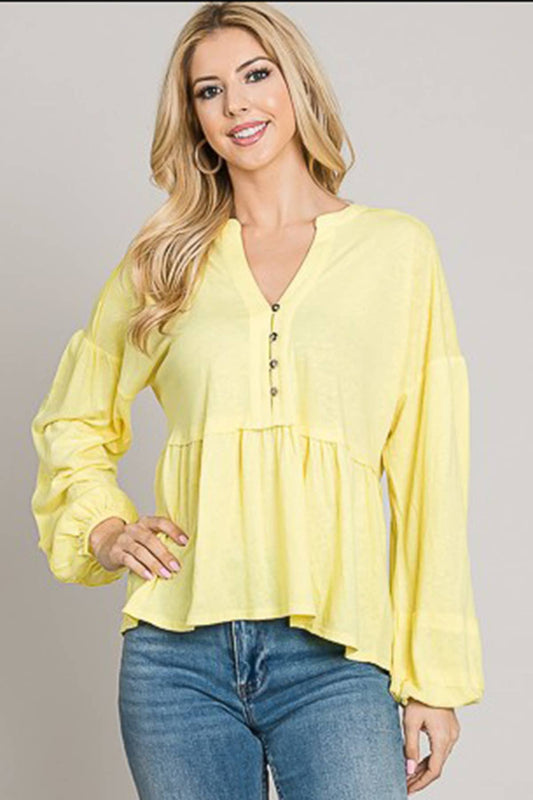C090-T5938 - Button Baby Doll Knit Top - Yellow