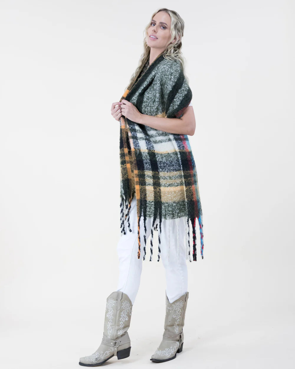 Modern Plaid Long Scarf - Olive