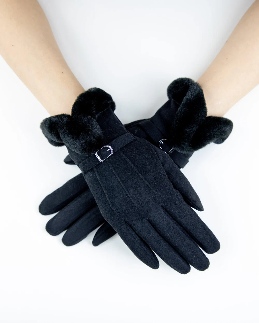 Faux Fur Cuff & Strap Gloves - Black