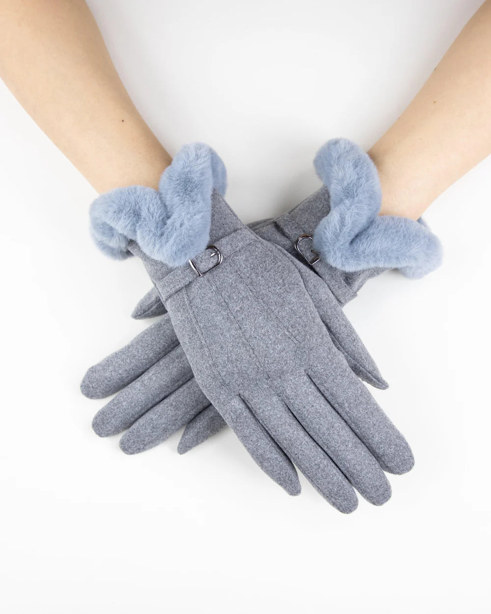 Faux Fur Cuff & Strap Gloves - Grey