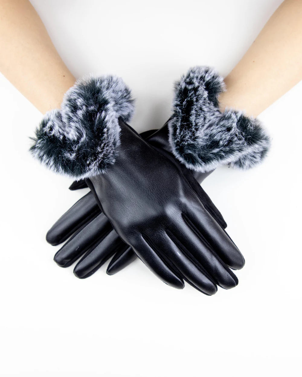 Faux Leather & Fur Gloves - Black