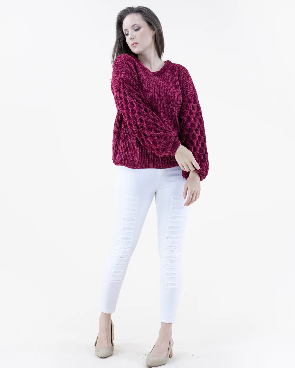 Chenille Sweater Braided Knit Sleeves-Burgundy