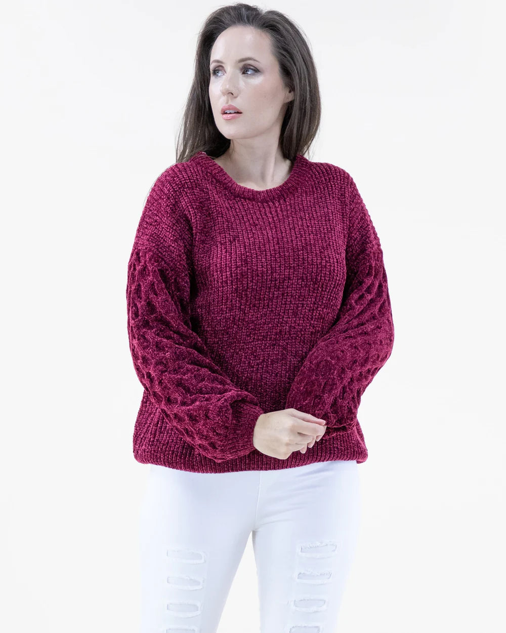 Chenille Sweater Braided Knit Sleeves-Burgundy