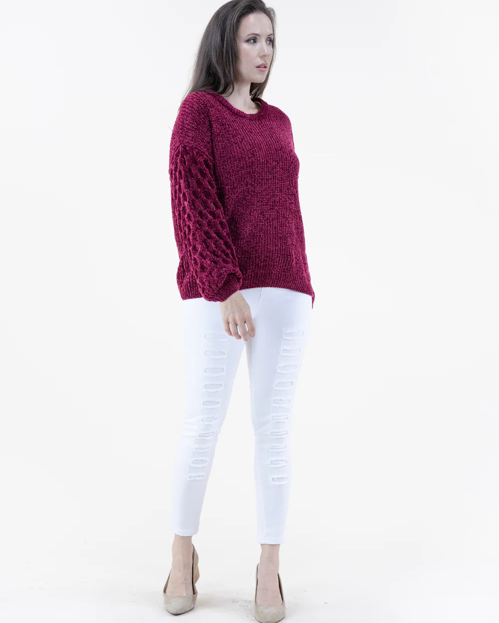 Chenille Sweater Braided Knit Sleeves-Burgundy