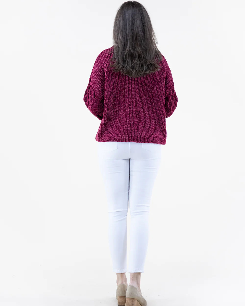 Chenille Sweater Braided Knit Sleeves-Burgundy