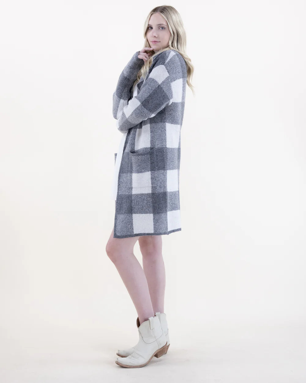 Plaid Sweater Coatigan -Charcoal