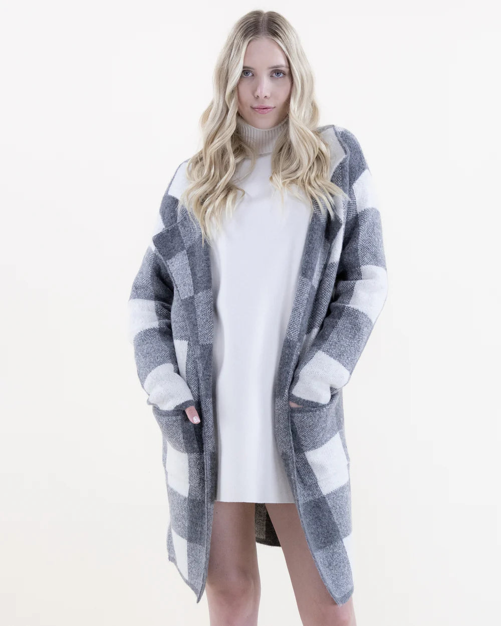 Plaid Sweater Coatigan -Charcoal