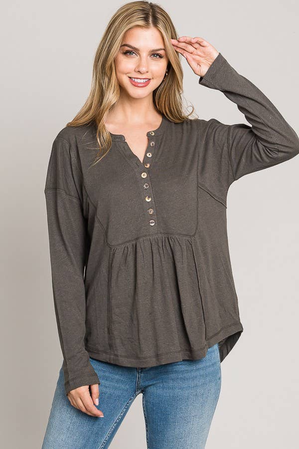 C090-T5937 Long Sleeve Button Bib Henley Top