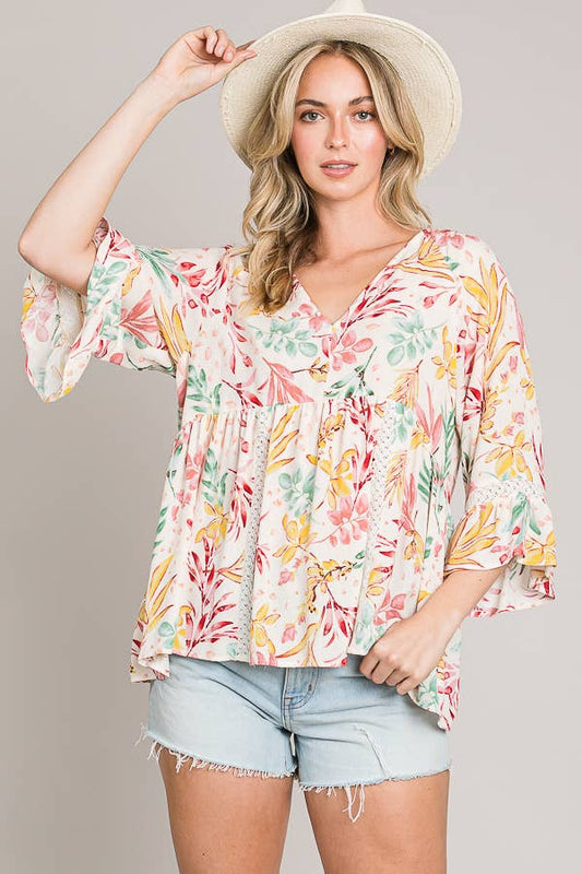 C090-T1156 - Bracelet sleeve length V Neck babydoll top