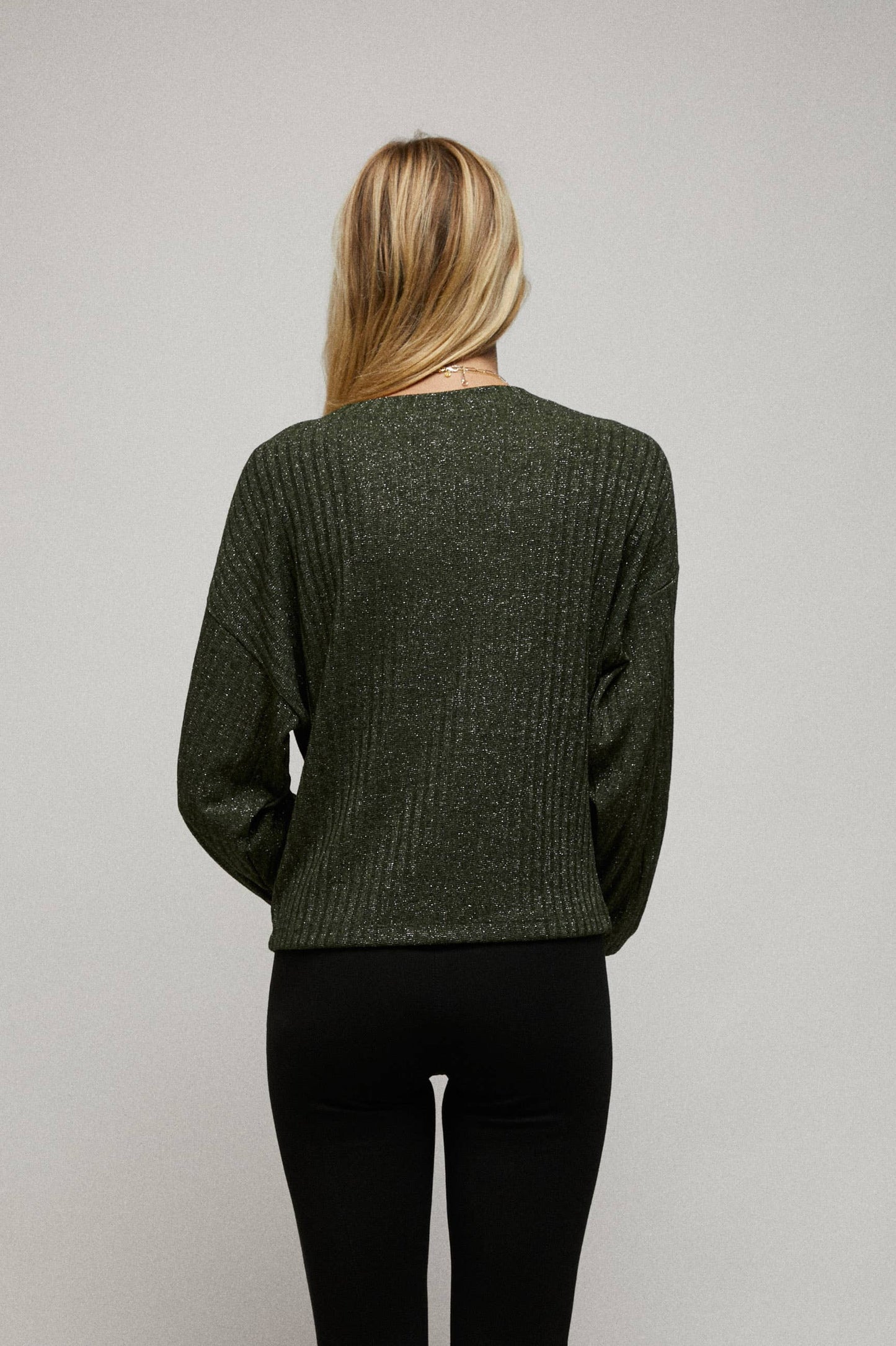 C090-T5257 - Long Sleeve Boxy Cropped Top Lurex Rib Knit