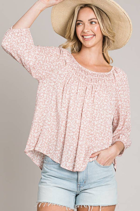 C090-T1159W - Bracelet sleeve length woven peasant  top