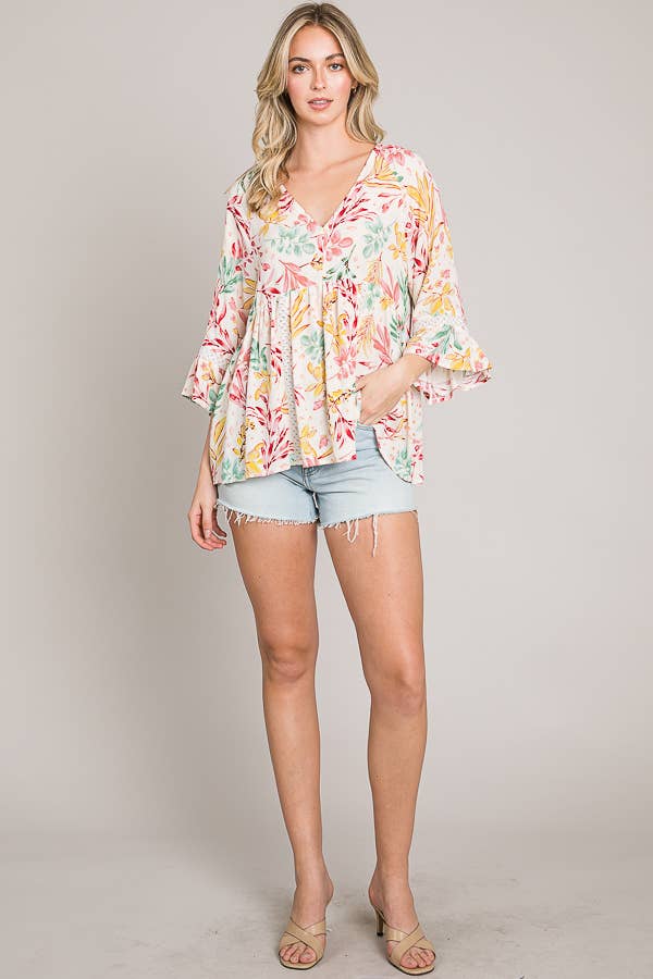 C090-T1156 - Bracelet sleeve length V Neck babydoll top