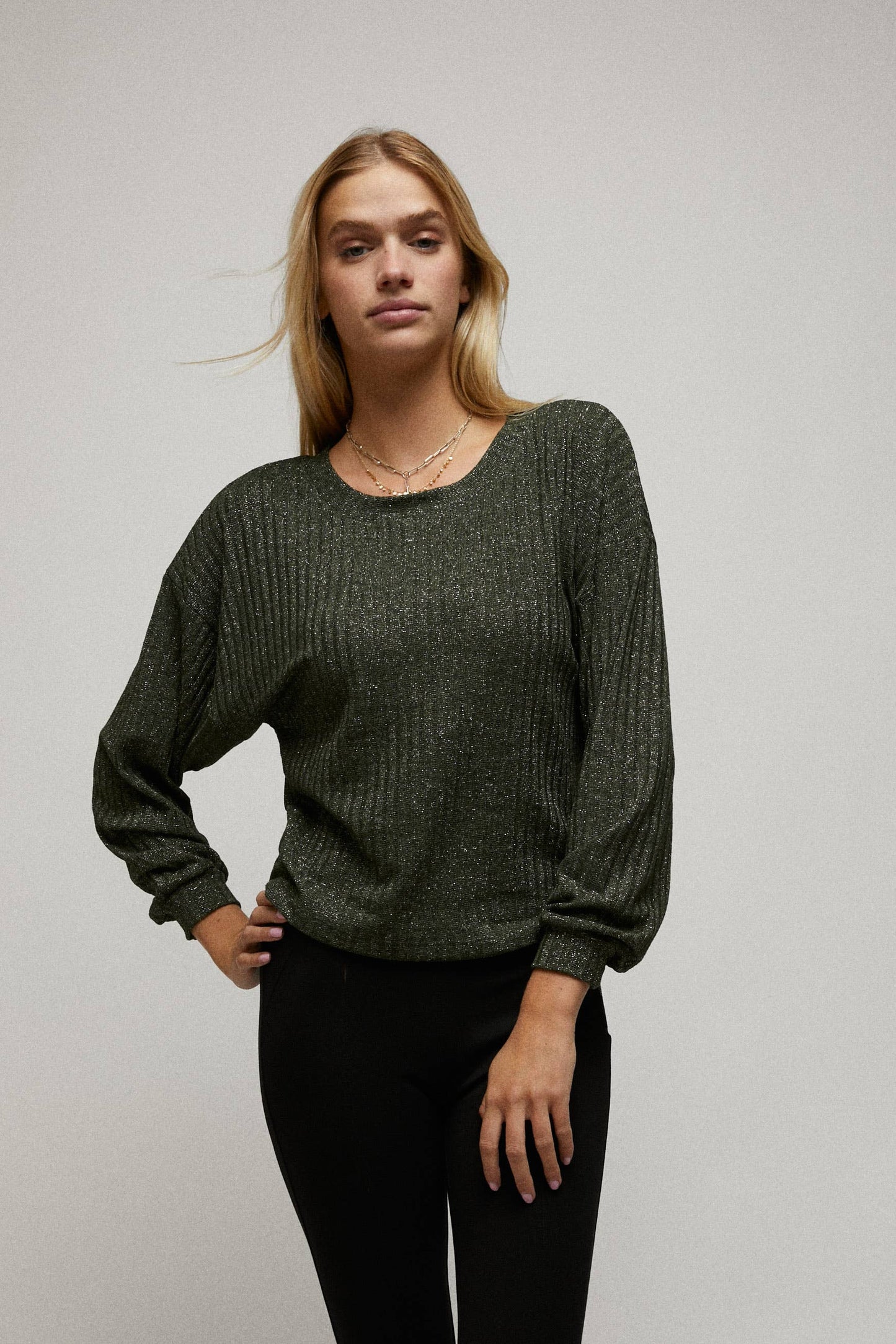 C090-T5257 - Long Sleeve Boxy Cropped Top Lurex Rib Knit