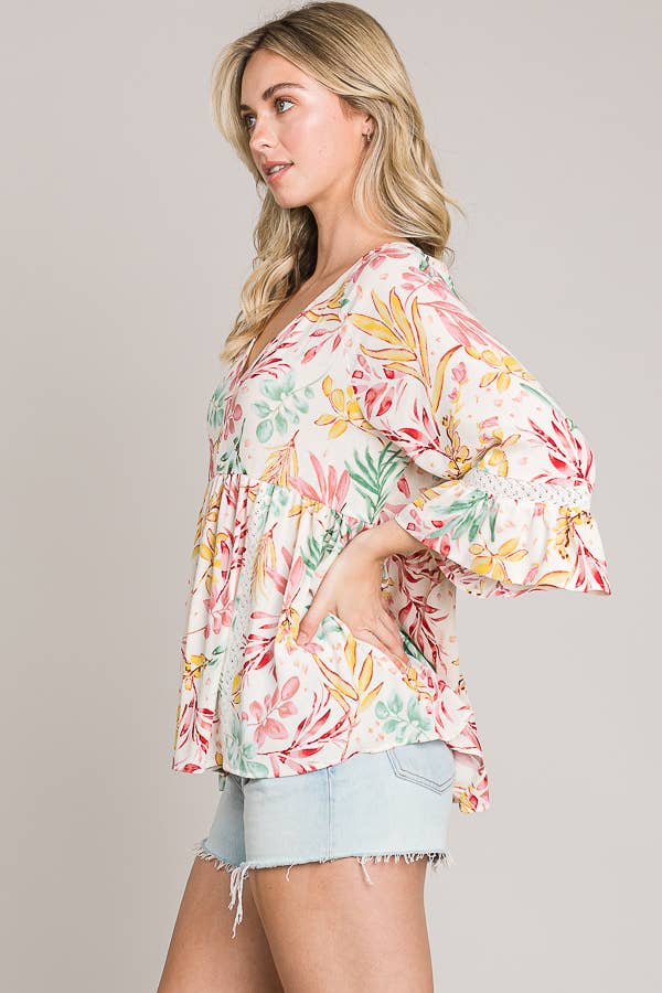 C090-T1156 - Bracelet sleeve length V Neck babydoll top