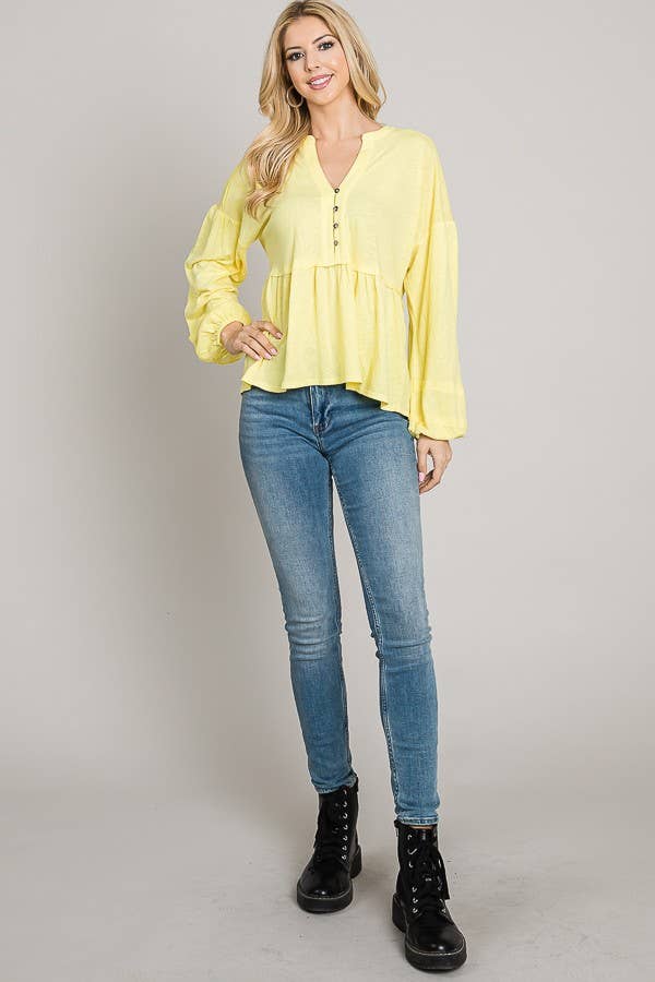 C090-T5938 - Button Baby Doll Knit Top - Yellow