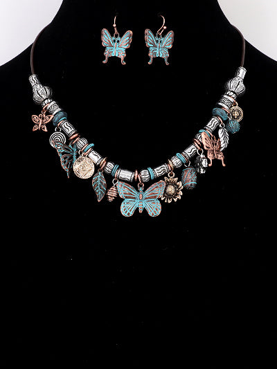 W400-QNE16028-PCMT - Butterfly Necklace & ER Set