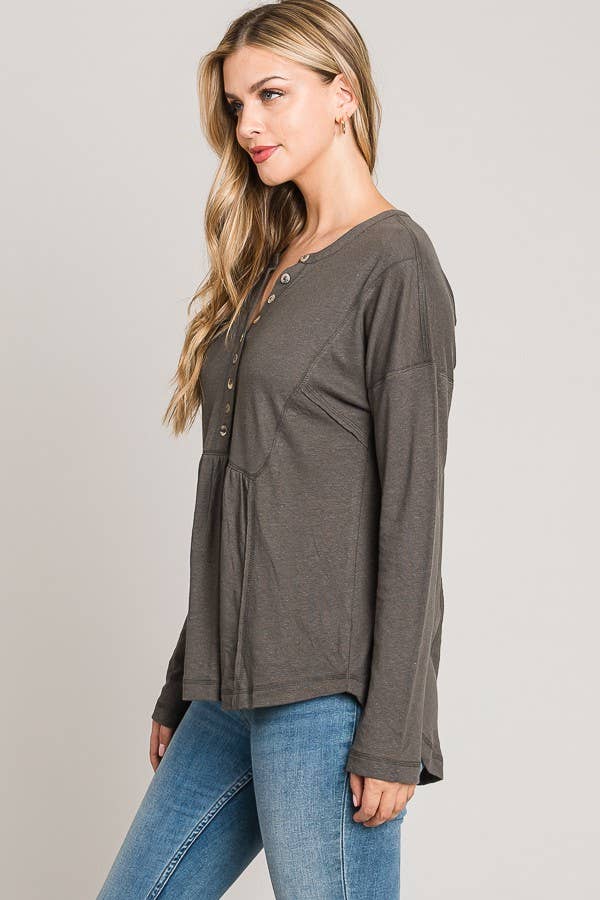 C090-T5937 Long Sleeve Button Bib Henley Top