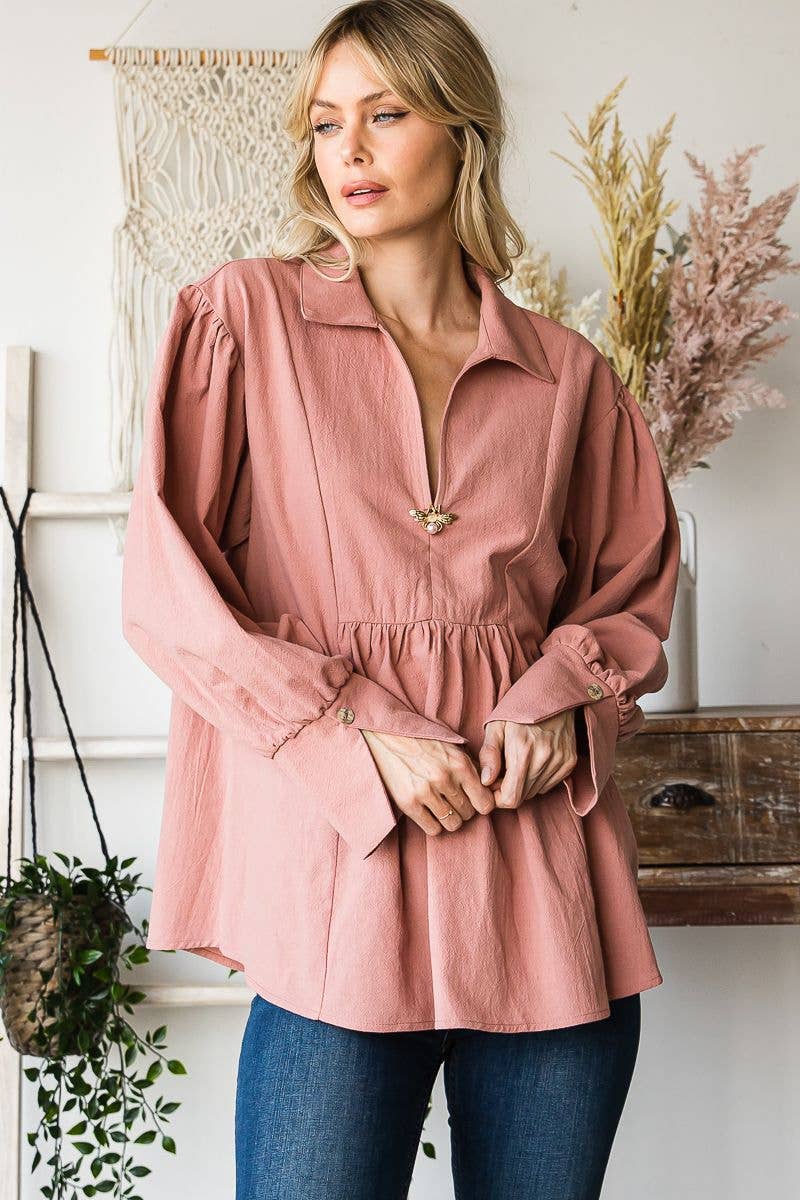 C090-T1186 - Long sleeve bib front collar poet  blouse