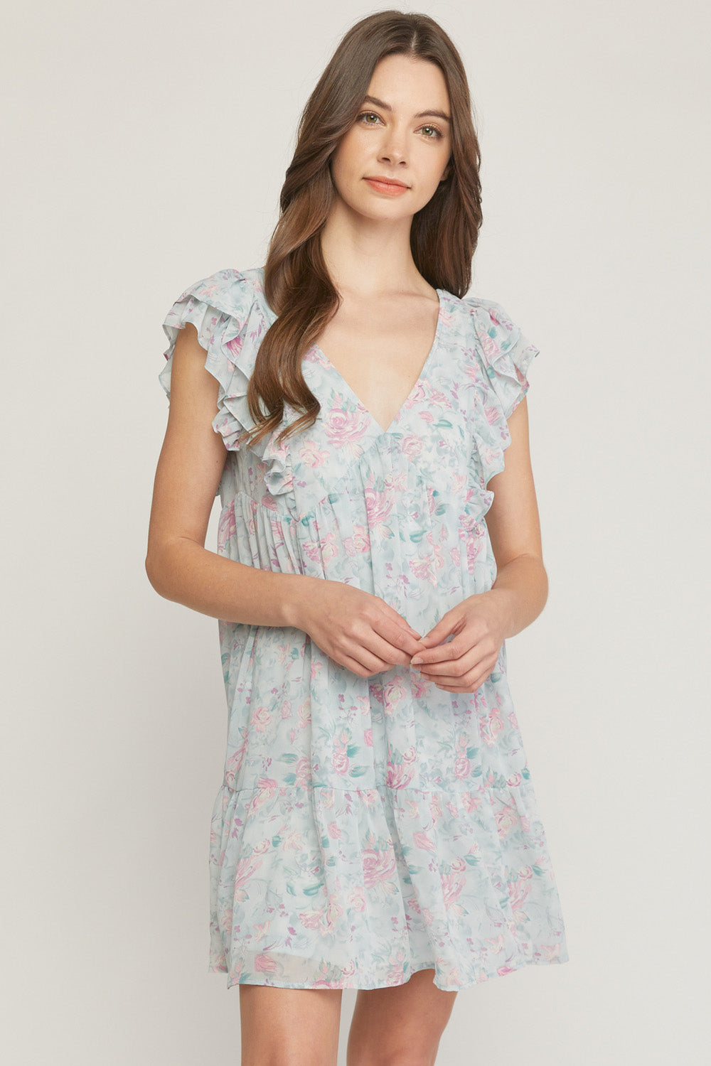 V-neck Dresss- Blue Floral