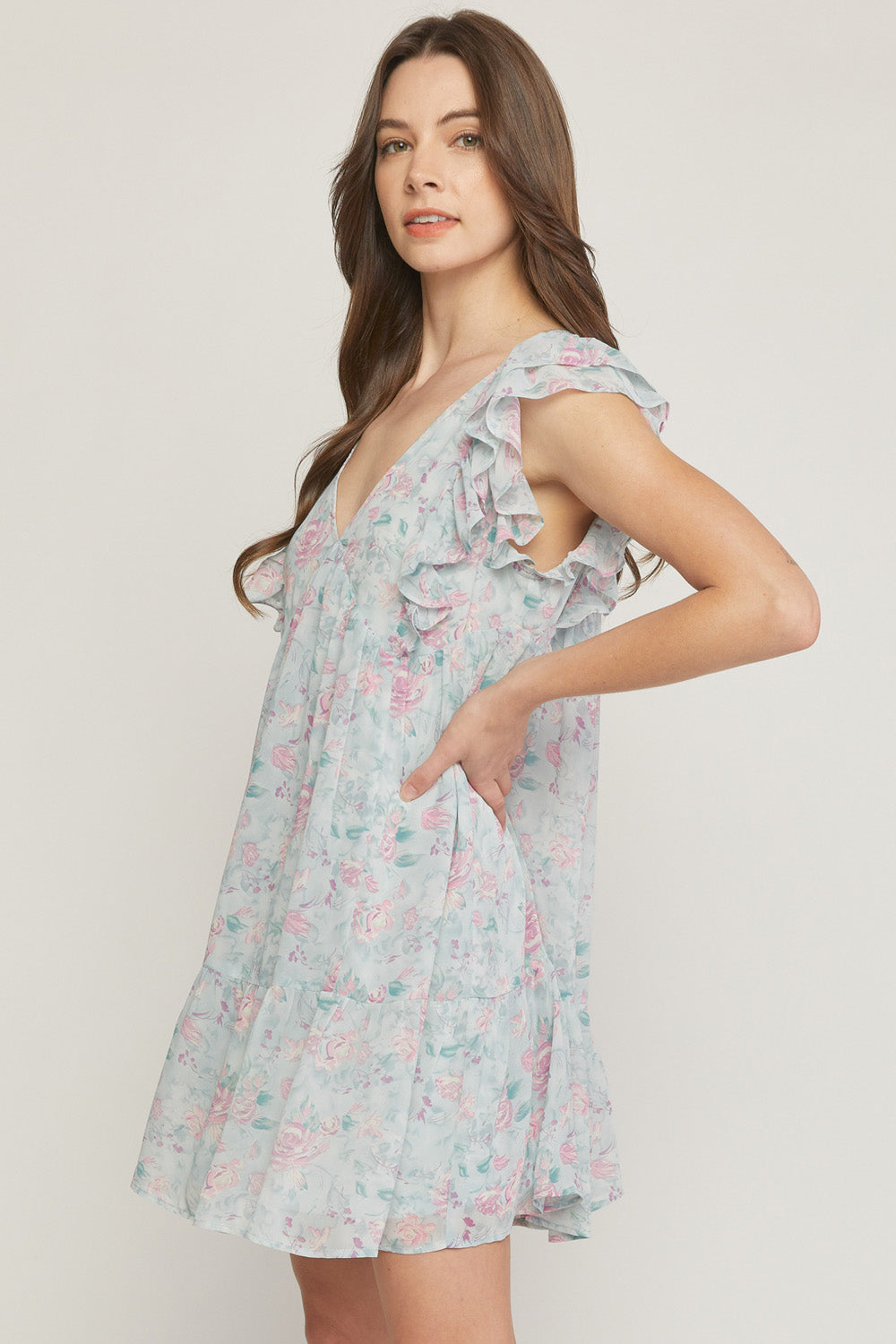 V-neck Dresss- Blue Floral