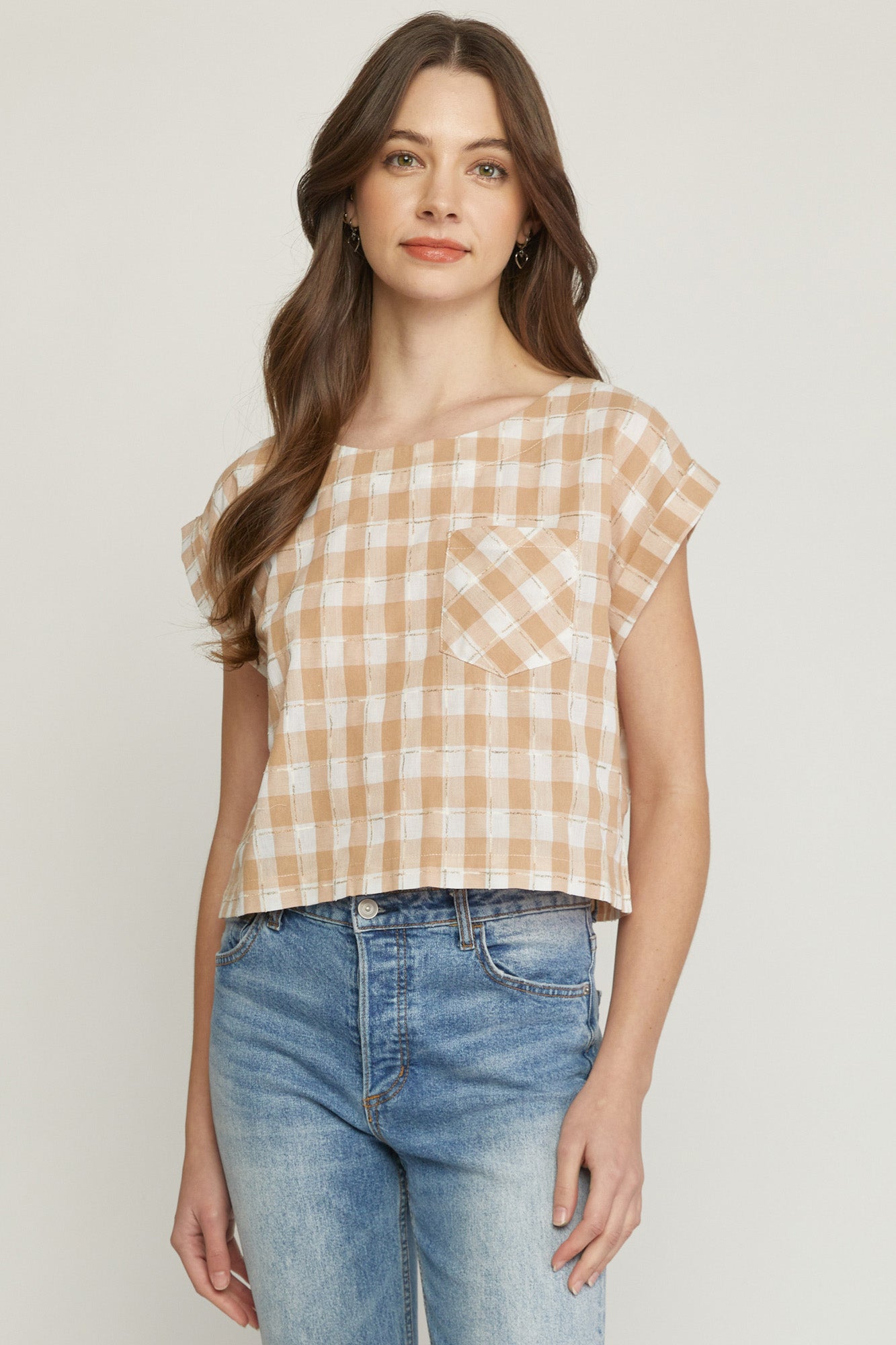 Gingham Print Top- Sand