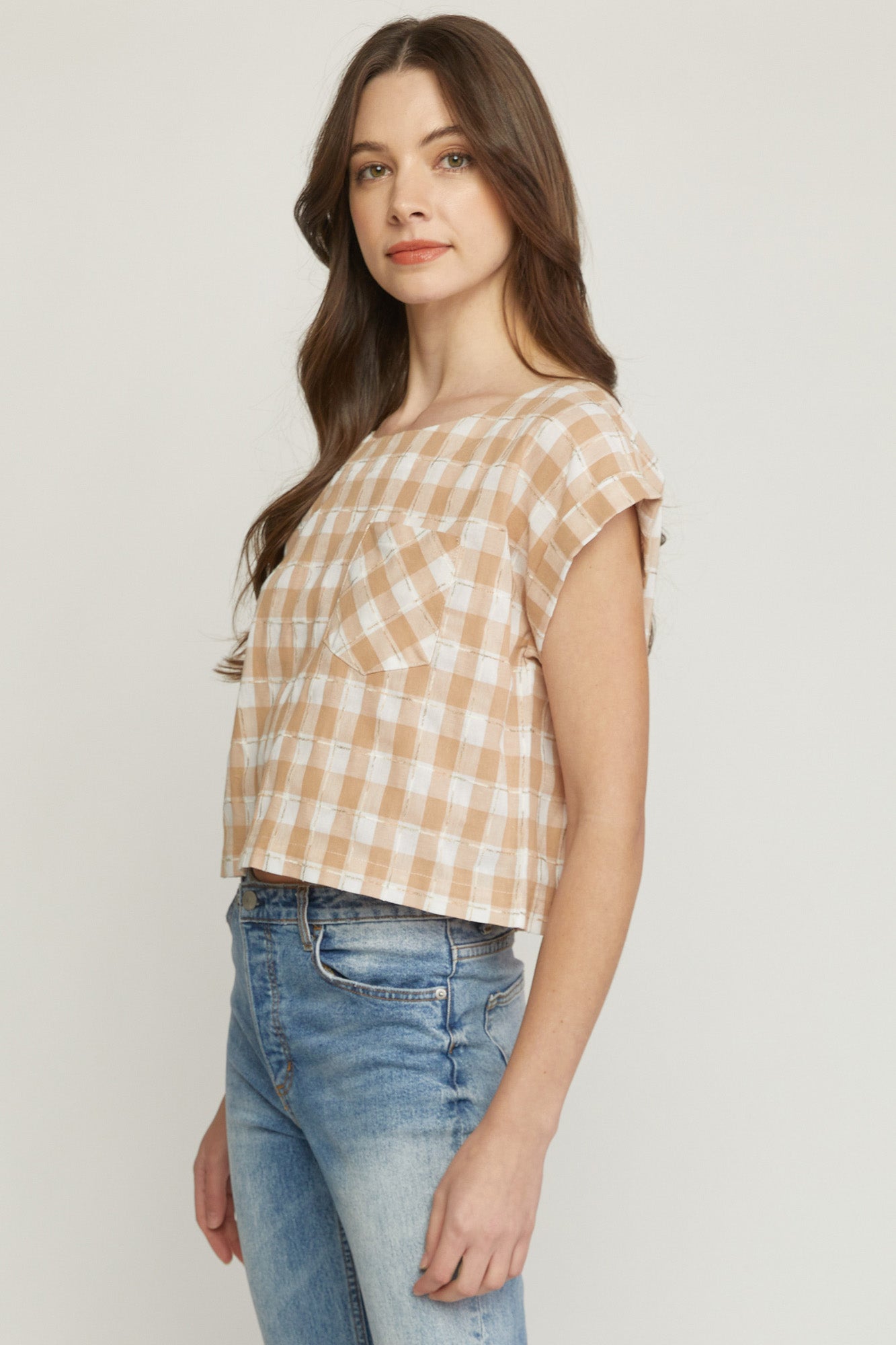 Gingham Print Top- Sand