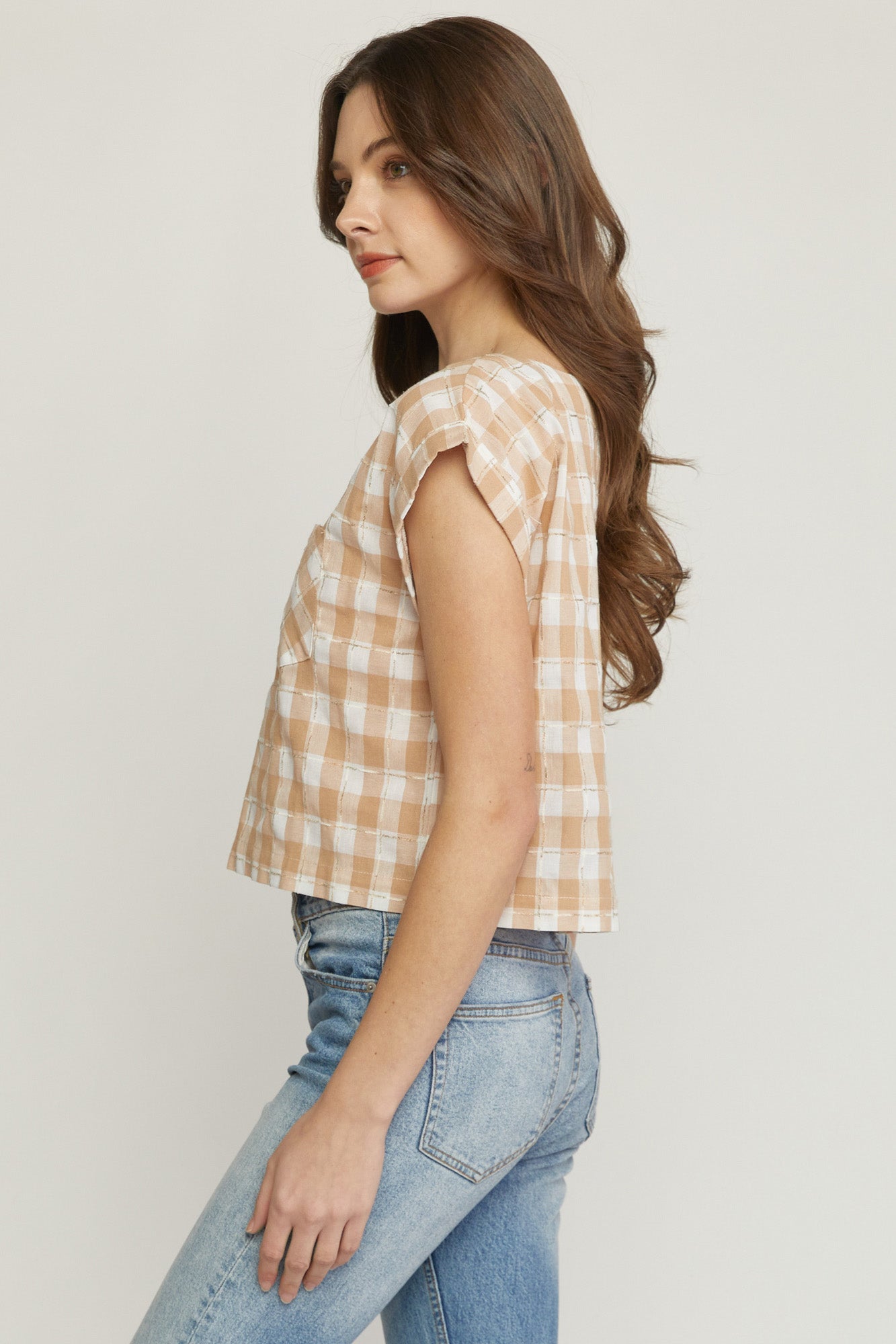 Gingham Print Top- Sand