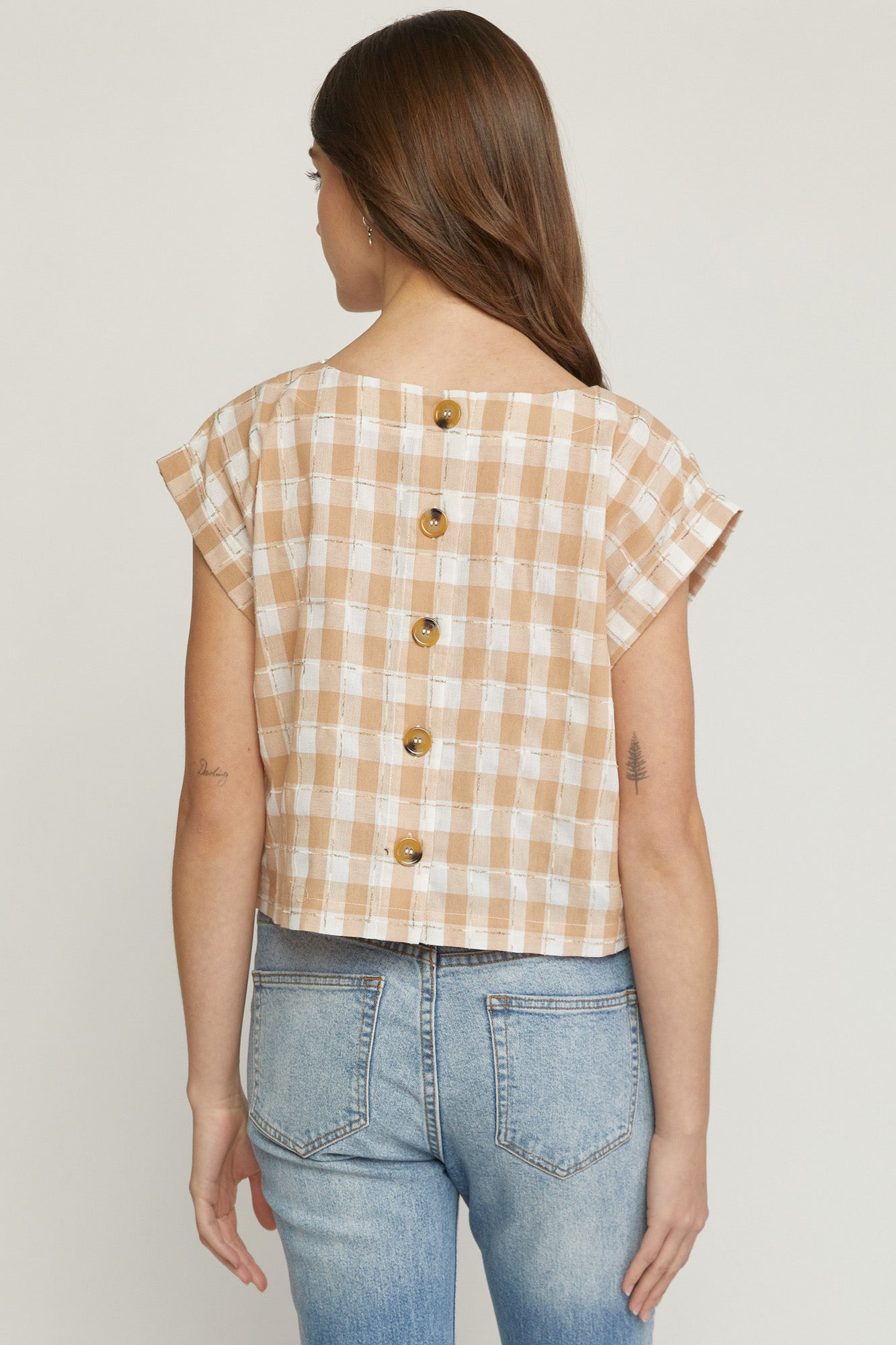 Gingham Print Top- Sand