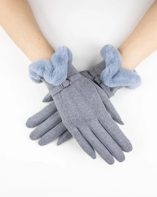 Faux Fur Cuff & Strap Gloves - Grey