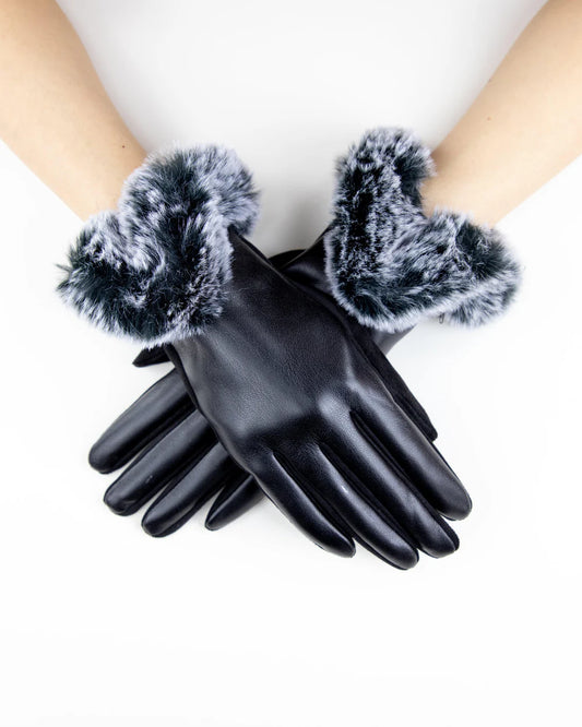 Faux Leather & Fur Gloves - Black