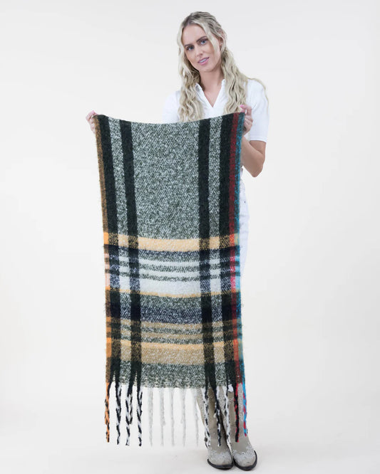 Modern Plaid Long Scarf - Olive