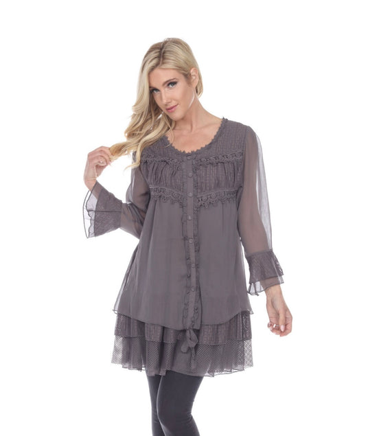 Layered Lace Button Top Gray