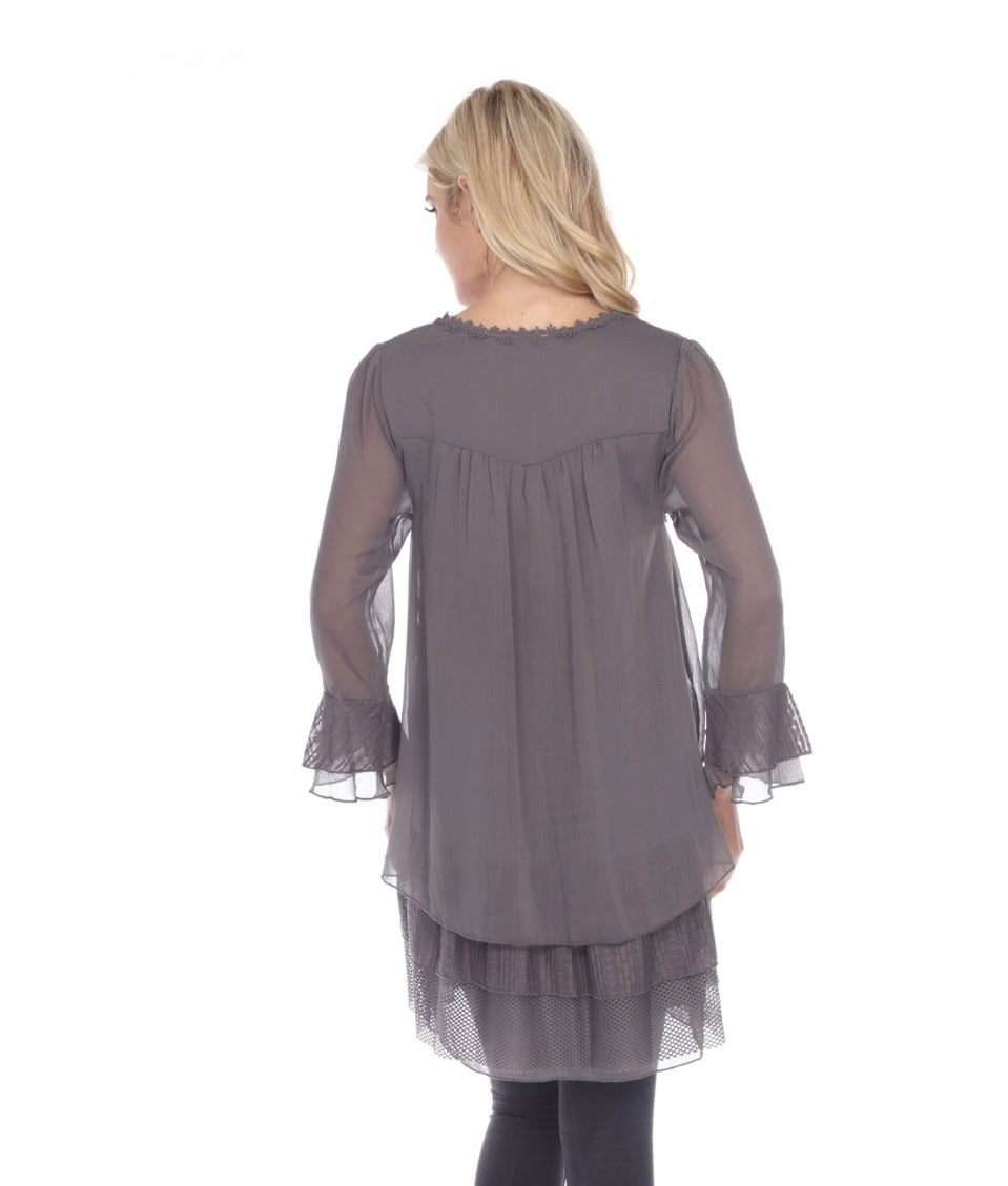 Layered Lace Button Top Gray