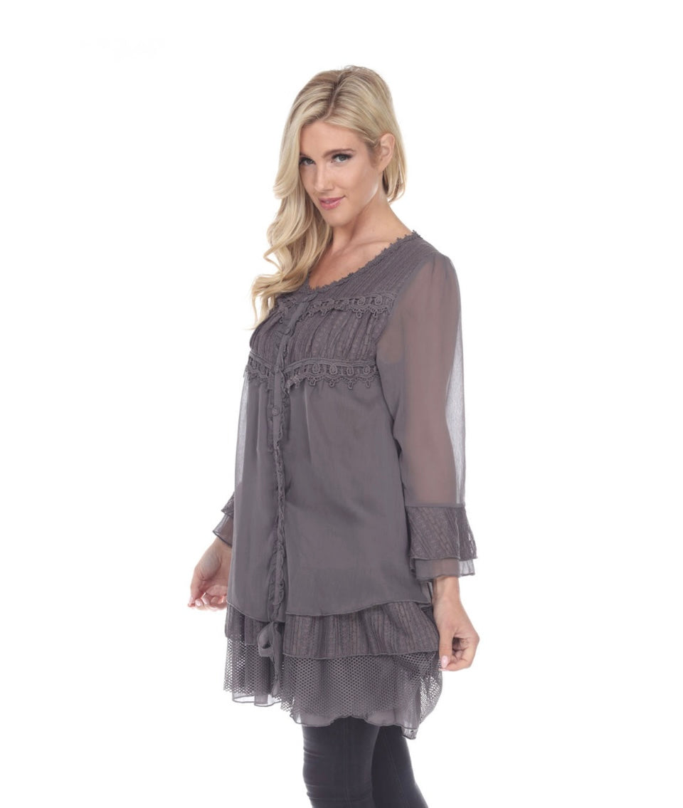 Layered Lace Button Top Gray