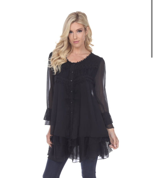 Layered Lace Button Top Black