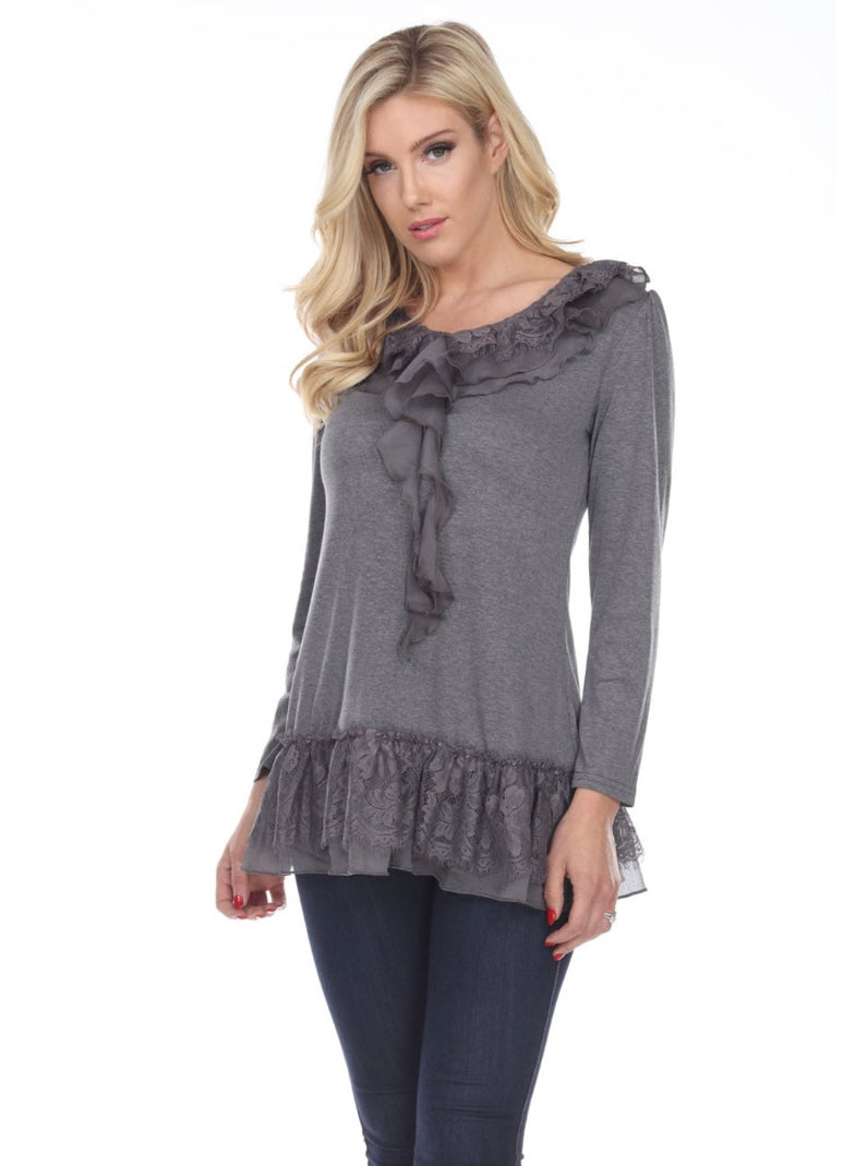 Lace Ruffle Neck Top - Gray